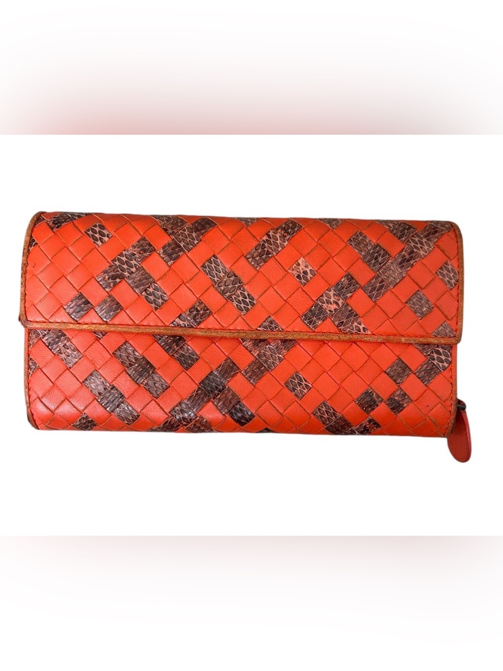 Bottega Veneta Orange Python Woven Leather Flap Wallet